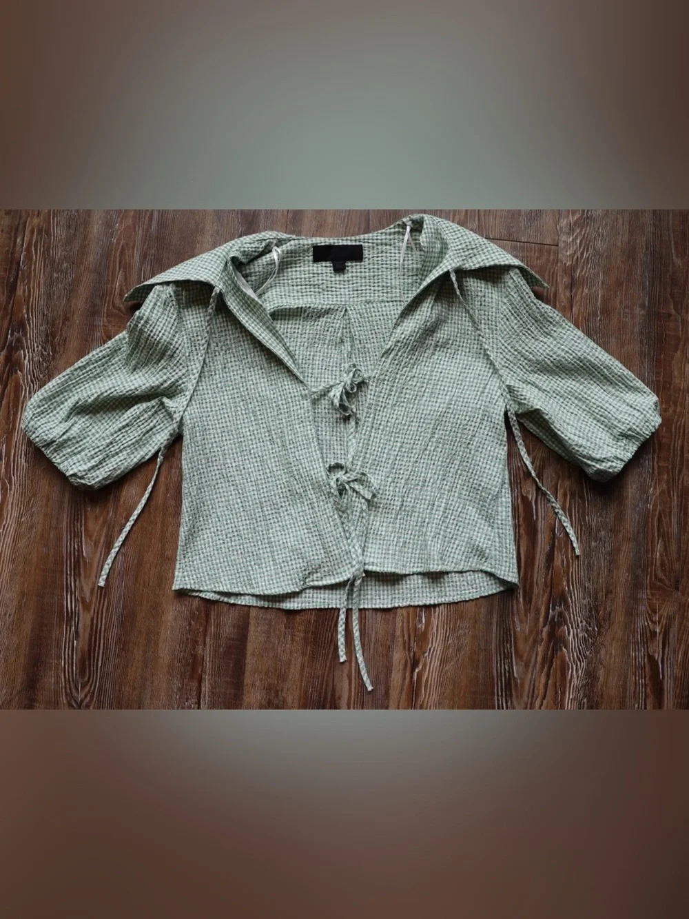 Cropped Green Gingham Seersucker Blouse Prairie Tie Front Cottagecore Size XS